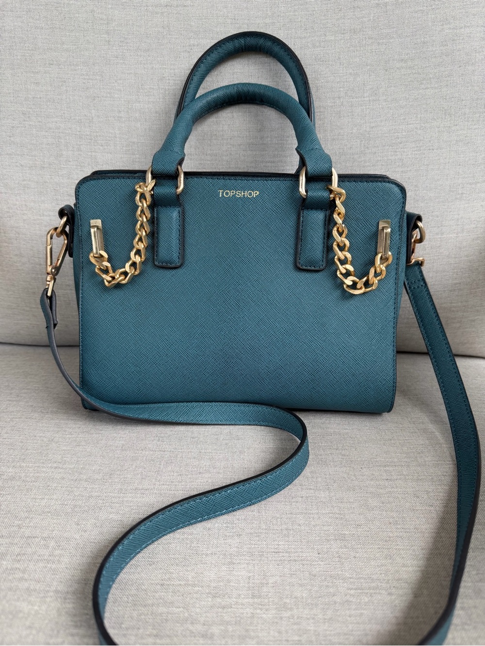 TOPSHOP Vintage Teal Structured Saffiano Satchel with Gold Chain Trim